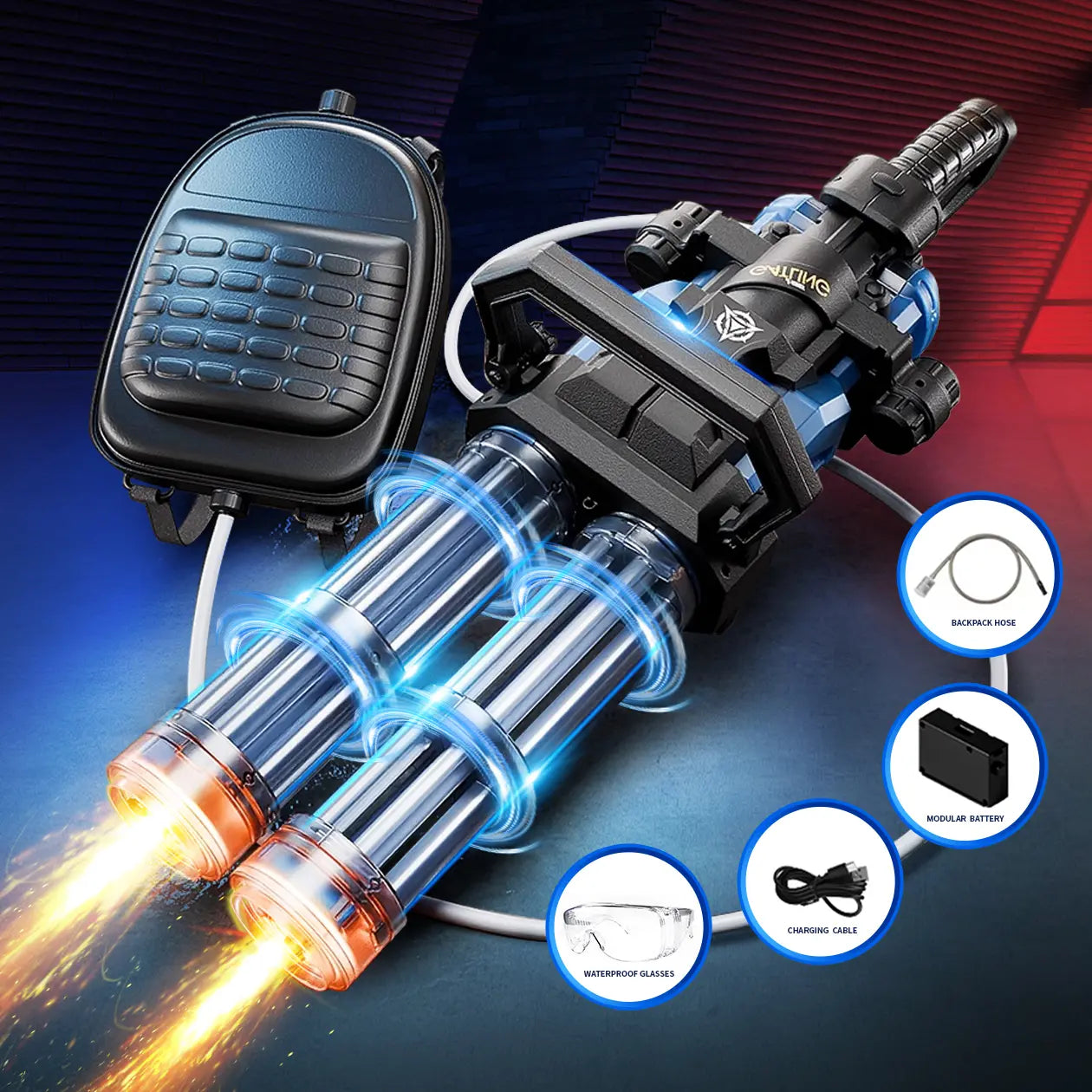 Gatling Electric Water Adults & Kids, Dual-Barrel, up to 49Ftmost Powerful Automatic Long-Range Squirt with LED Water-Sensor, Largewater Tank & Battery, Outdoor Toy, Summer Beach Toys Parties Play Pool for Yard Easter Gift Neat Gun Ball Shooting Game