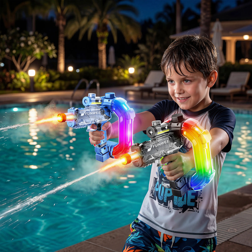 FUNWEE Ultimate Battle Powerful Electric Water Gun, Automatic Squirt Gun with Glowing Realistic Muzzle, 26Oz for Circle, 12Oz Standard, up to 19 Ft Range, Outdoor Summer Party Toys for Summer Tactical Multiplayer Team, Kids Outdoor Play