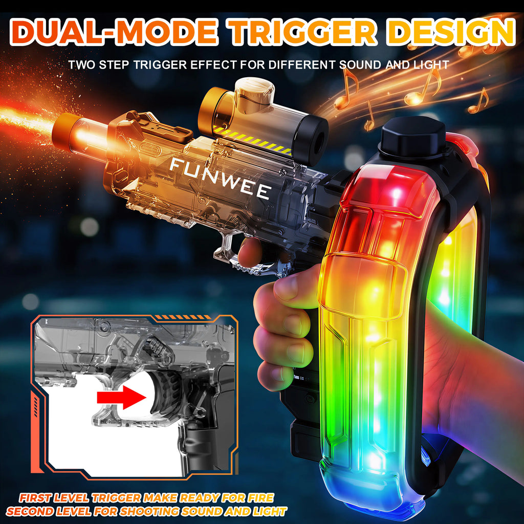 FUNWEE Ultimate Battle Powerful Electric Water Gun, Automatic Squirt Gun with Glowing Realistic Muzzle, 26Oz for Circle, 12Oz Standard, up to 19 Ft Range, Outdoor Summer Party Toys for Summer Tactical Multiplayer Team, Kids Outdoor Play