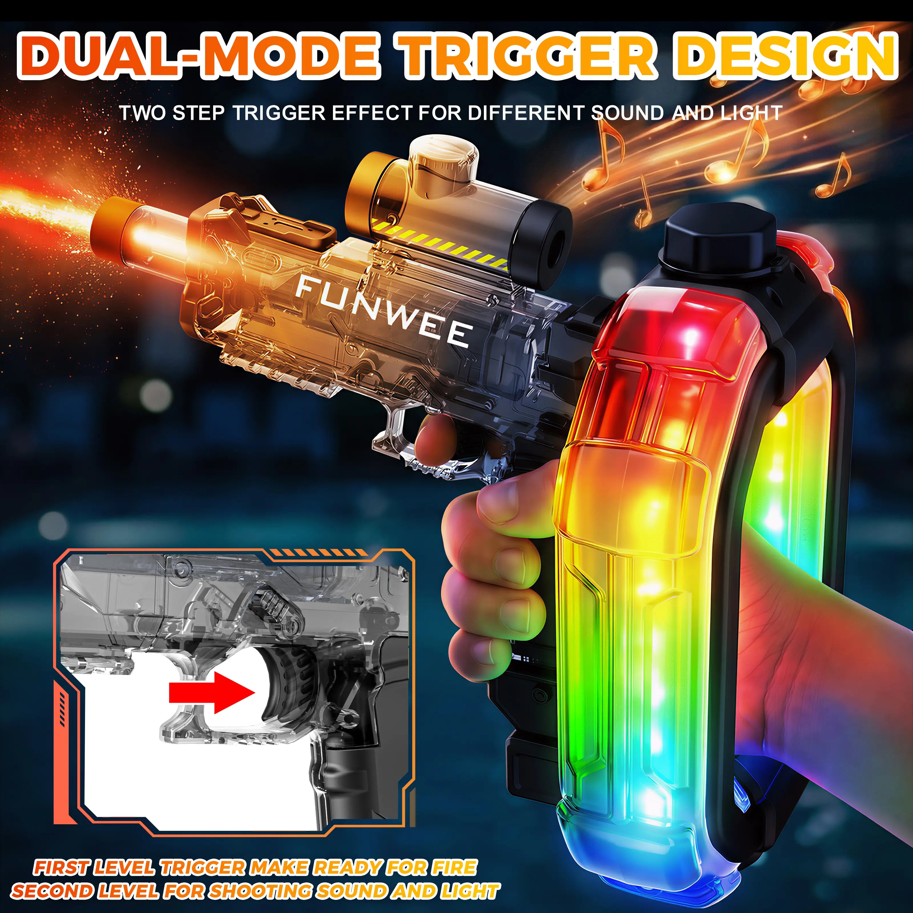 FUNWEE Ultimate Battle Powerful Electric Water Gun, Automatic Squirt Gun with Glowing Realistic Muzzle, 26Oz for Circle, 12Oz Standard, up to 19 Ft Range, Outdoor Summer Party Toys for Summer Tactical Multiplayer Team, Kids Outdoor Play