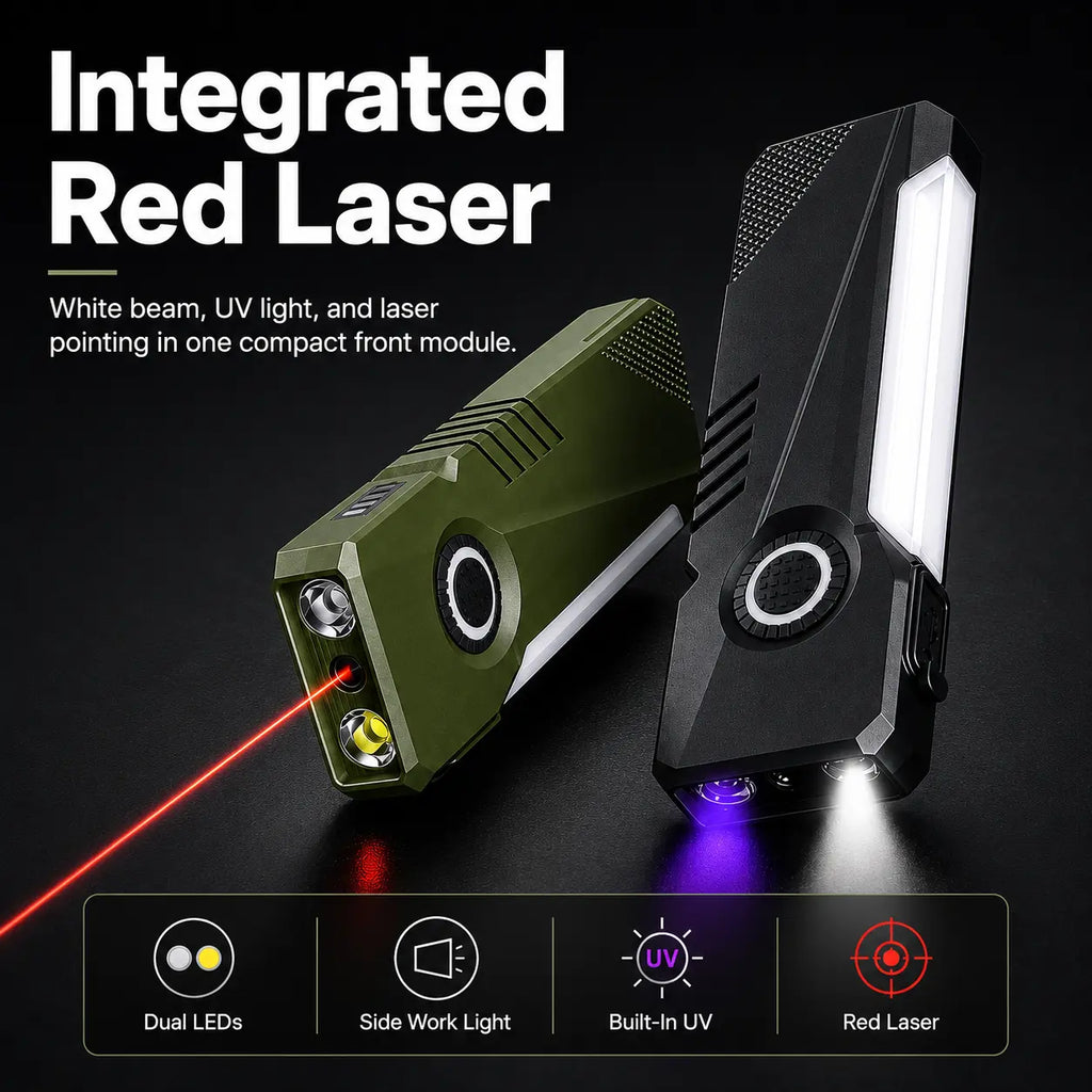 LETOUR Rechargeable EDC Flashlight 1200 Lumens, Ultra-Thin Pocket LED Light with Red Laser, UV Purple Light, RGB Side Lights, Magnetic Clip & Base, Multi-Functional Tactical
