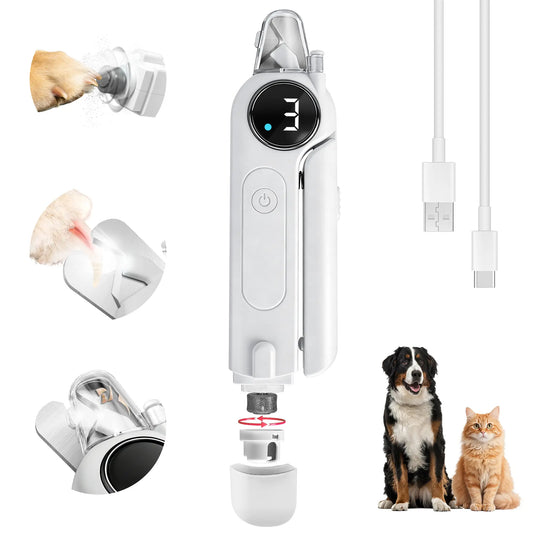 2-In-1 Dog Nail Clippers & Grinder with LED Light, Rechargeable Quiet Pet Nail Trimmer for Dogs & Cats, 3 Speeds, Safety Lock & Splash Guard, White