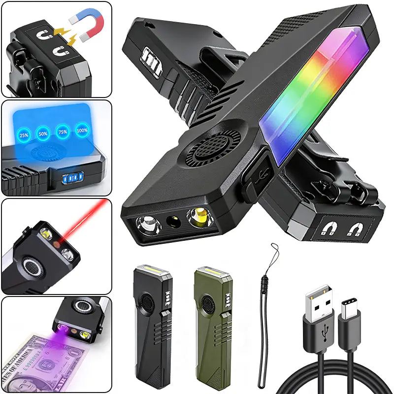 LETOUR Rechargeable EDC Flashlight 1200 Lumens, Ultra-Thin Pocket LED Light with Red Laser, UV Purple Light, RGB Side Lights, Magnetic Clip & Base, Multi-Functional Tactical