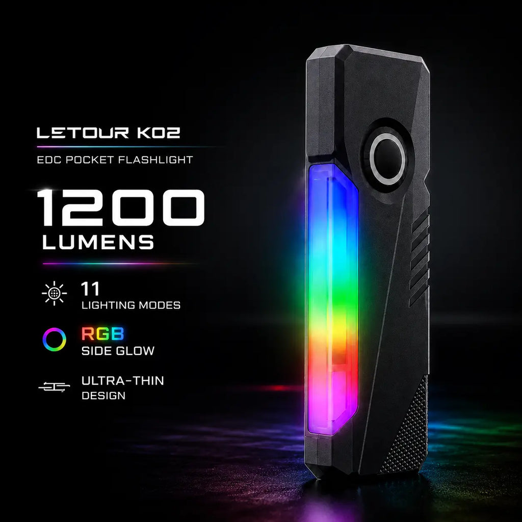 LETOUR Rechargeable EDC Flashlight 1200 Lumens, Ultra-Thin Pocket LED Light with Red Laser, UV Purple Light, RGB Side Lights, Magnetic Clip & Base, Multi-Functional Tactical
