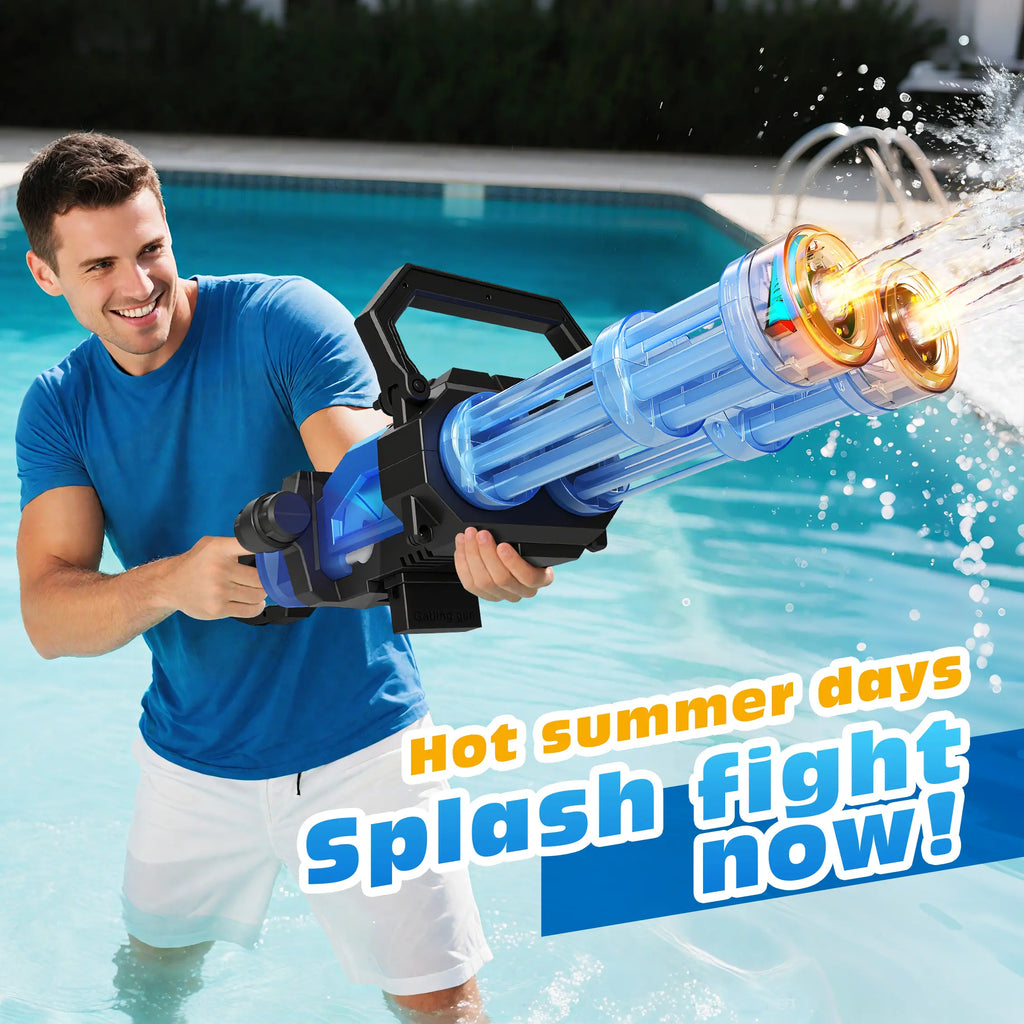 Gatling Electric Water Adults & Kids, Dual-Barrel, up to 49Ftmost Powerful Automatic Long-Range Squirt with LED Water-Sensor, Largewater Tank & Battery, Outdoor Toy, Summer Beach Toys Parties Play Pool for Yard Easter Gift Neat Gun Ball Shooting Game